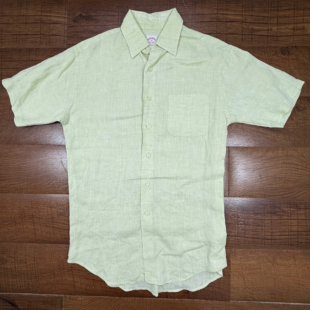 Brooks Brothers Shirt Mens Medium Lime Green Irish Linen Short Sleeve Button